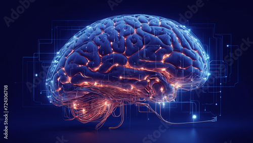 A conceptual illustration of a luminous brain enclosed in circuitry, representing the function of AI in digesting massive volumes of data and creating commercial insights photo