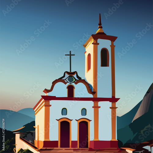 Igreja antiga com torre em estilo barroco colonial em cidade histórica do Brasil.
