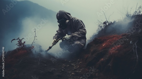 A person in protective gear digging in misty, eerie landscape with a dark, cinematic atmosphere. photo