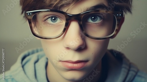 Close-up portrait of a teenage boy wearing oversized glasses, with a thoughtful expression.