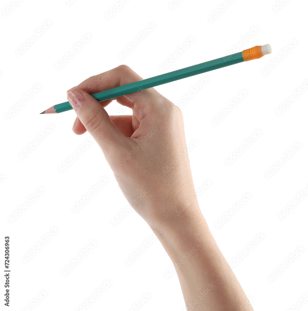 Woman with graphite pencil on white background, closeup Woman with graphite pencil on white background, closeup