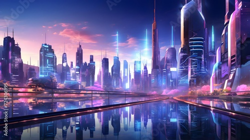 Futuristic city panorama at night with reflection in water. © Iman
