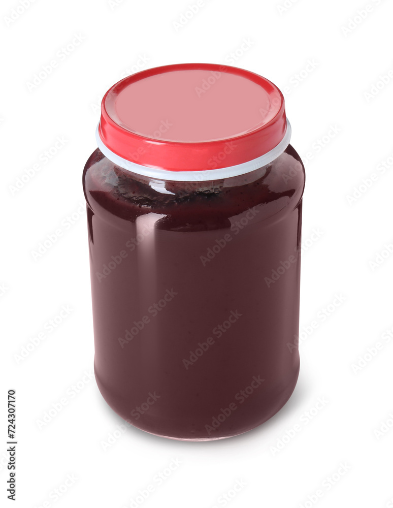 Baby food. Tasty healthy puree in jar isolated on white Baby food. Tasty healthy puree in jar isolated on white