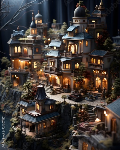 Miniature of a medieval town in the middle of the forest.