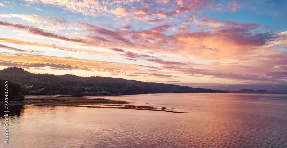 View of Rocky shore on Pacific Ocean West Coast during Dramatic Sunset. View of Rocky shore on Pacific Ocean West Coast during Dramatic Sunset.