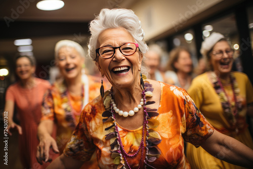Amidst the welcoming atmosphere of a retreat center for the elderly, joyful old Caucasian woman shares laughter and dance with her fellow seniors.  photo