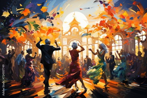 Illustration of a retreat center for the elderly, a joyful old people share laughter and dance with fellow seniors.  photo