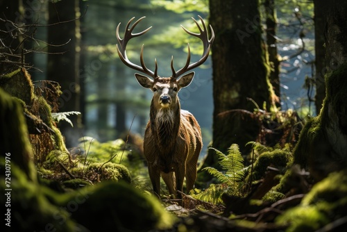 A deer with large branched antlers standing in a beautiful green forest. © Aleksandr