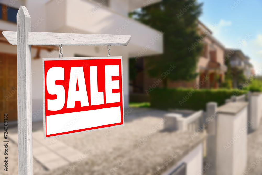 Sale sign near beautiful house outdoors. Red signboard with word