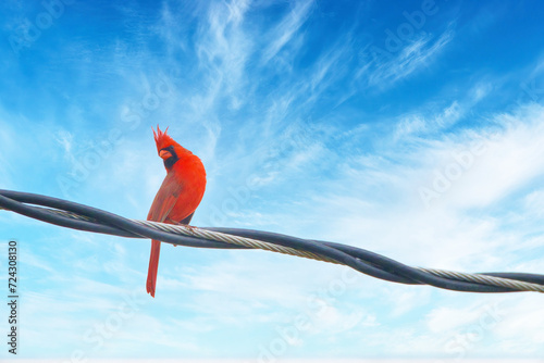 Bright red colors of a male red cardinal with a bright blue sky backdrop.