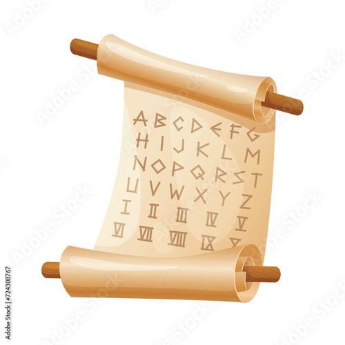 Ancient scroll with alphabet and roman numerals.
