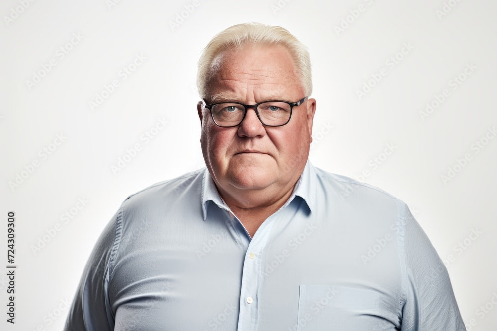 Portrait of a senior man with glasses and a blue shirt.