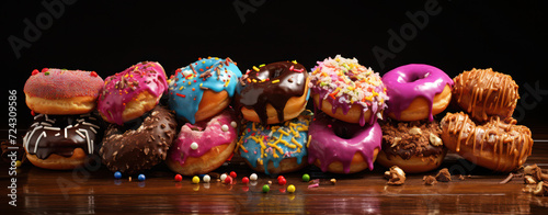 Assorted Sweet Treats: Colourful Doughnut Delights on a Glazed Table