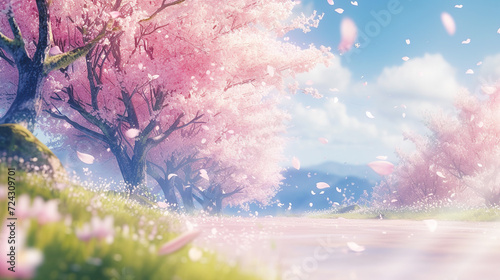 美しい満開の桜並木の道のイラスト背景