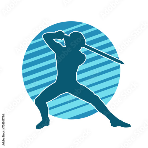 Silhouette of a male warrior in action pose with sword weapon. Silhouette of a man fighter carrying sword weapon.