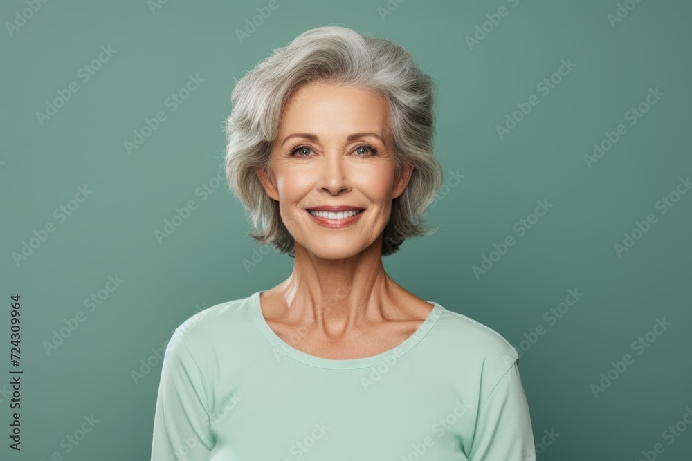 Smiling senior woman with grey hair. Portrait of beautiful mature woman looking at camera and smiling while standing against green background Smiling senior woman with grey hair. Portrait of beautiful mature woman looking at camera and smiling while standing against green background