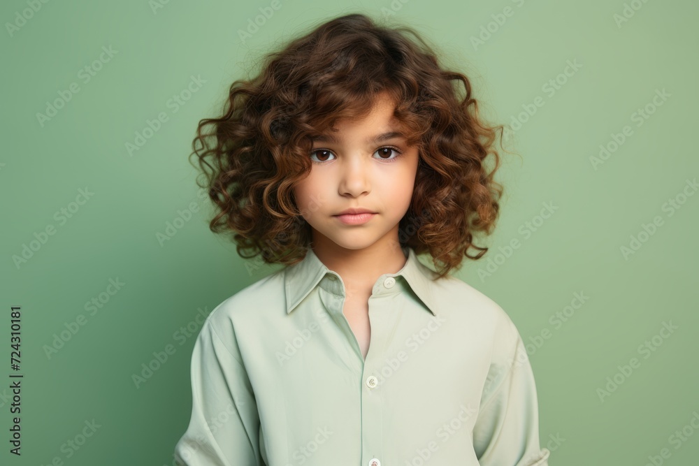 portrait of cute little boy with curly hair looking at camera isolated on green portrait of cute little boy with curly hair looking at camera isolated on green