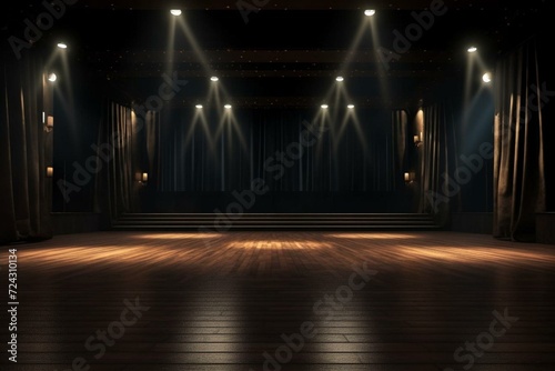 Dark concert stage with wooden floor, curtains, and spotlights. Generative AI