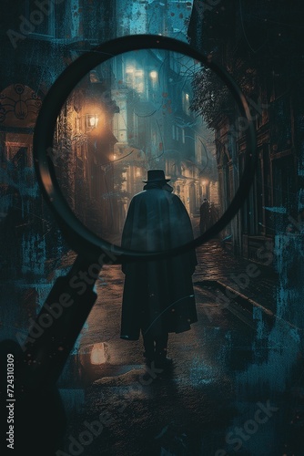 Cloaked Detective with Magnifying Glass on a Dark Street
