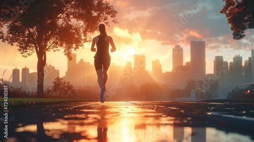 A woman jogs in an urban park at sunrise, dressed in professional running gear, with the city skyline silhouetted against the glowing morning sun.