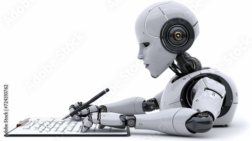 Futuristic ai robot writing essay, chat bot with pen assisting homework, replacing humans