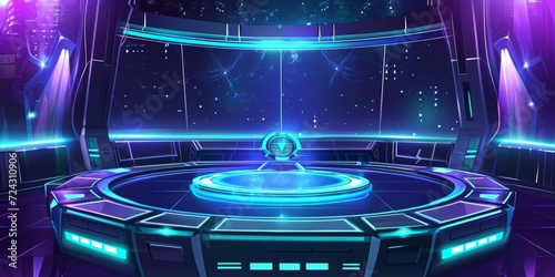 Fototapeta Naklejka Na Ścianę i Meble -  Empty podium presentation on theme futuristic control room with holographic screens and neon lights