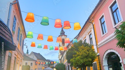 Hungary Szentendre colorful lanterns lights decorations in old town along Rhine river and Danube river 