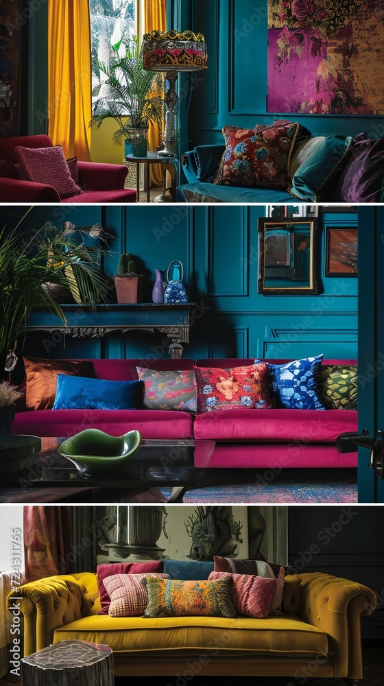 Vibrant Bohemian Living Room with Teal Walls and Colorful Accents
