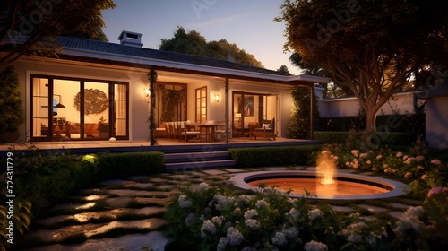 Luxury house in the garden at twilight. Panorama.