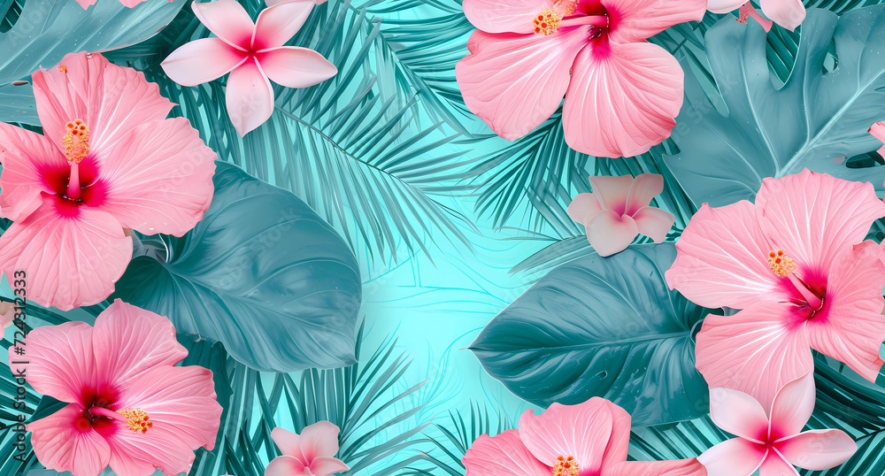 pink and flowers tropical on turquoise