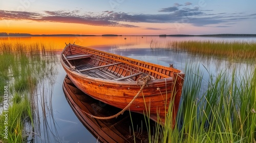 Tranquil dawn reflections peaceful wooden boat on lake, nature s peace and tranquility landscape