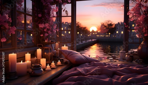 Romantic atmosphere in a luxury hotel with a view of the river and flowers