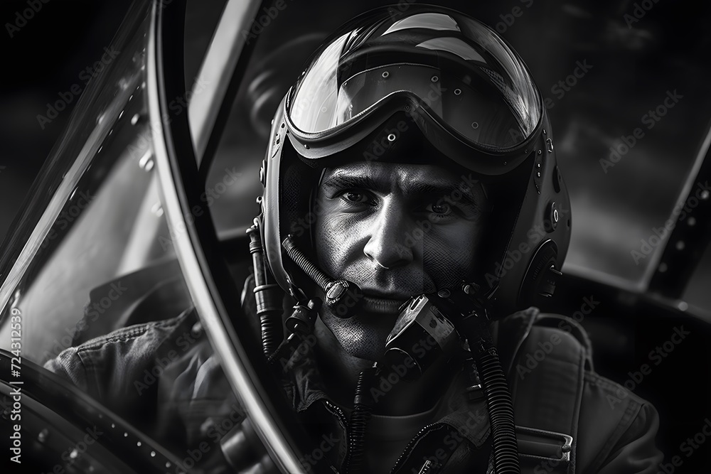 Portrait of a pilot in a aviator helmet. Black and white photo.