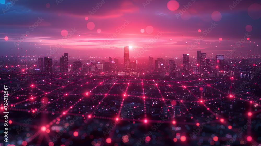Obraz premium A breathtaking view of a city at sunset with a digital network grid overlay, symbolizing connectivity and data networks. 