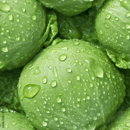 Seamless pattern with many fresh shiny green cabbages with water droplets for background design