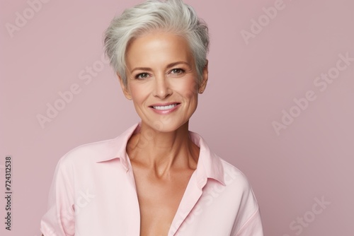Portrait of a beautiful senior woman in pink shirt on pink background