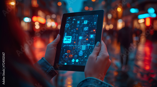Close-up of hands holding a tablet with augmented reality icons floating over a city street scene at night.

