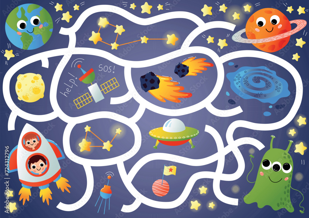 Kids maze puzzle. Educational game for children with adventures in space. Labyrinth with planets, comets, rocket and aliens. Help characters reach their goal. Cartoon flat vector illustration Kids maze puzzle. Educational game for children with adventures in space. Labyrinth with planets, comets, rocket and aliens. Help characters reach their goal. Cartoon flat vector illustration