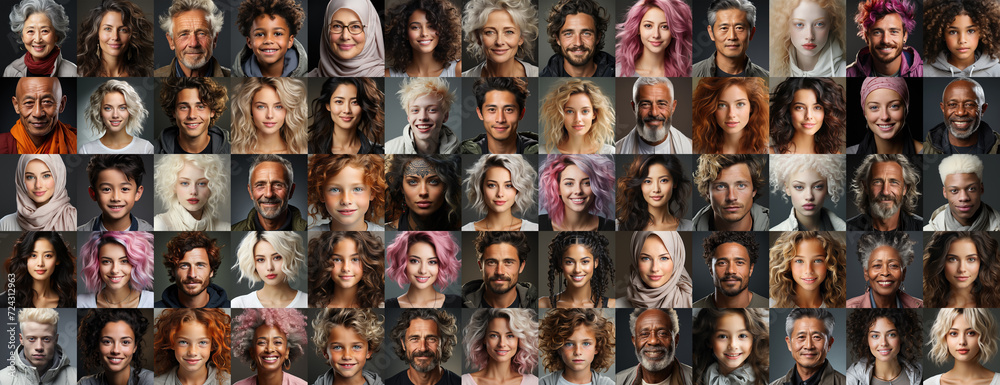 Collage with many diverse multiethnic people. Different young and old people group headshots - obrazy, fototapety, plakaty 