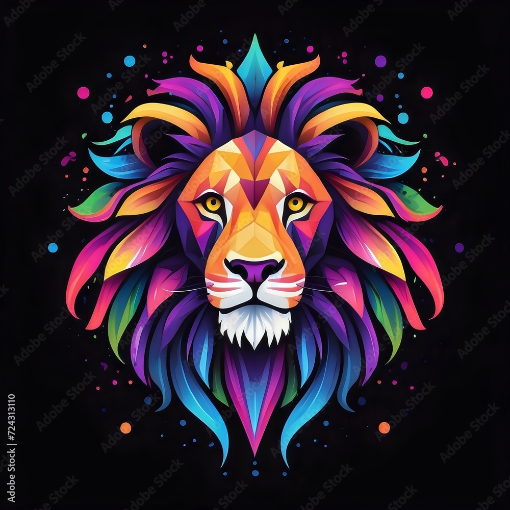 A minimalist logo of a geometric lion with neon colors.