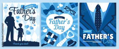 Set of Happy Fathers Day poster. Collection of greeting cards with loving father and son, dad or parent. Design for holiday celebration. Cartoon flat vector illustration isolated on background