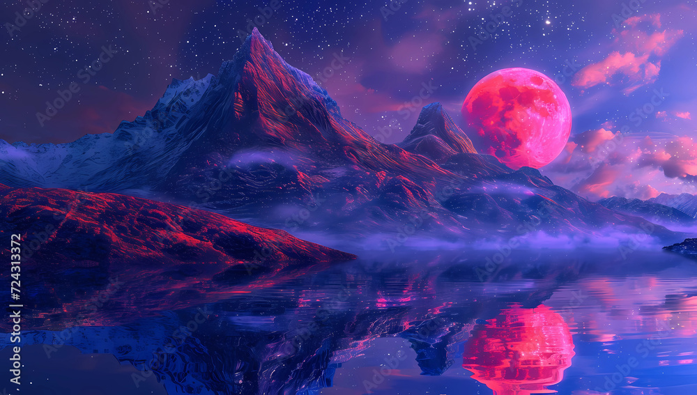 purple stars on a mountain with red moon