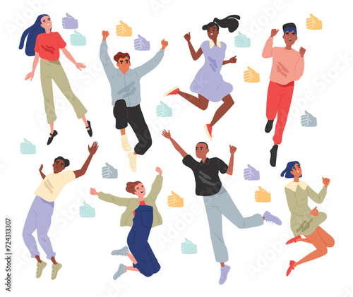 Set of happy jumping people. Young cheerful men and women celebrating success and expressing positive emotions. Active funny characters. Cartoon flat vector collection isolated on white background © Rudzhan