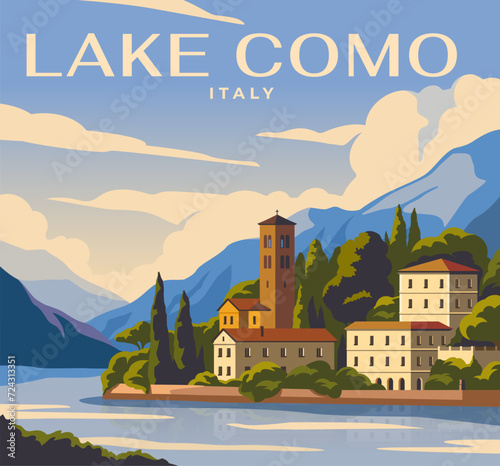 Travel destination background. Beautiful natural landscape of Italian Lake Como with traditional houses and mountains. Tourism and journey in Europe. Website design. Cartoon flat vector illustration