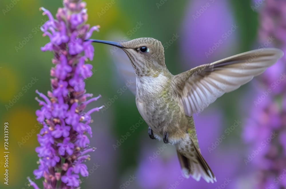 Fototapeta premium a_hummingbird_flying_in_to_the_purple_flower