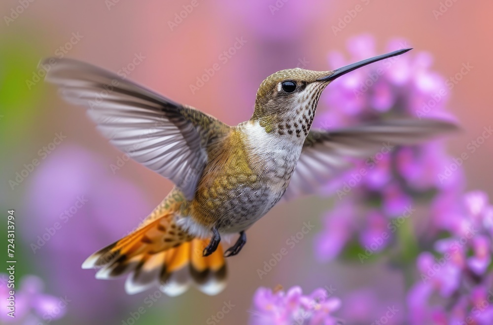 Fototapeta premium a_hummingbird_flying_in_to_the_purple_flower