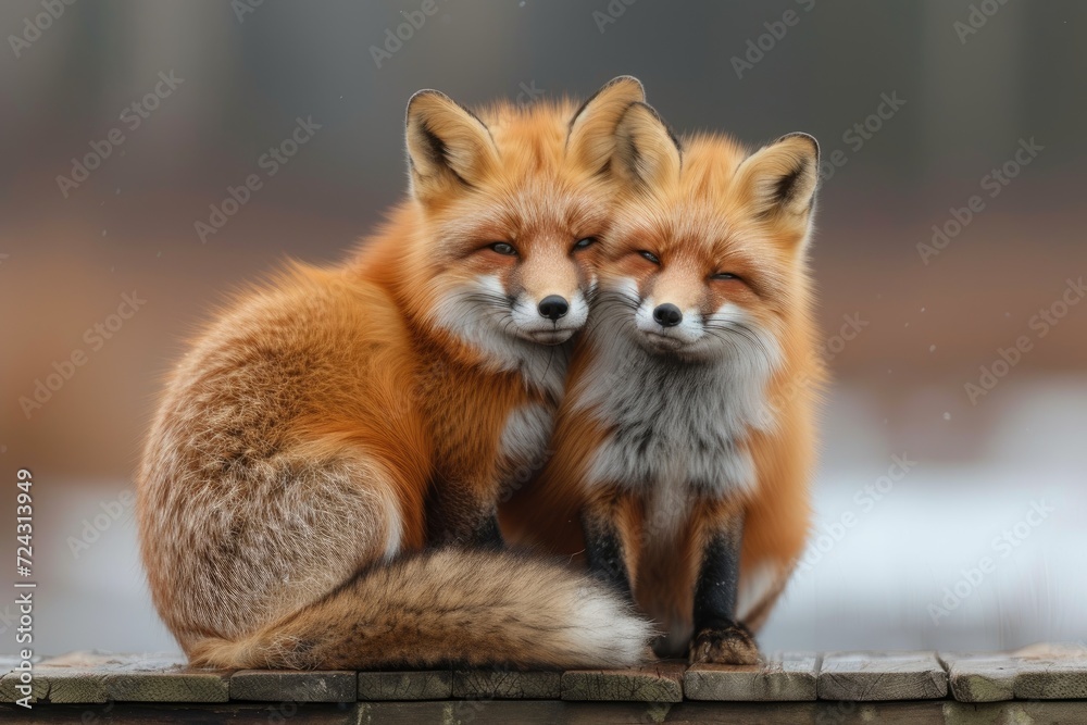 Naklejka premium two_mated_red_foxes_sitting_on_a_wooden_jetty