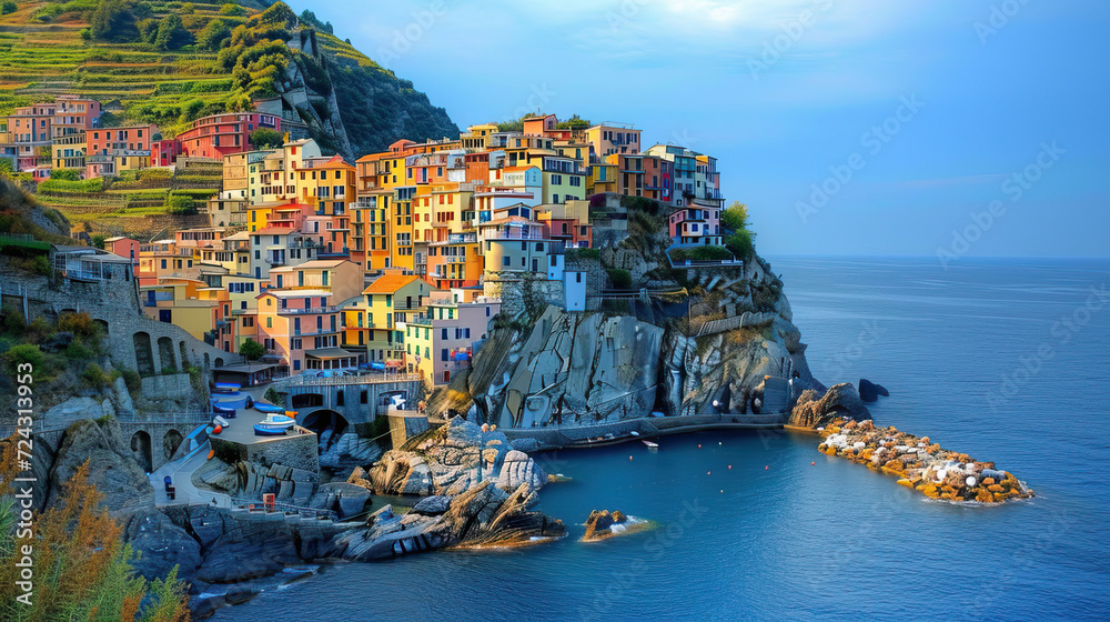 Mediterranean Coastal Townscape with Rocky Cliffs and Vibrant Architecture overlooking the Sea and Summer Sky