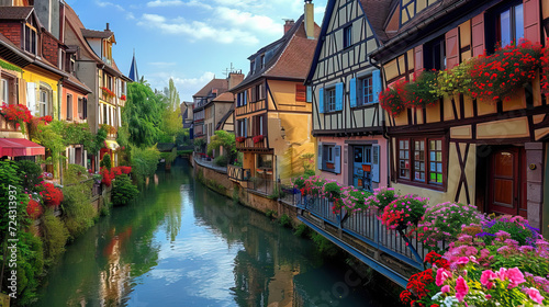 Charming medieval town with canals, picturesque houses, and historic architecture photo