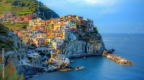 Mediterranean Coastal Townscape with Rocky Cliffs and Vibrant Architecture overlooking the Sea and Summer Sky